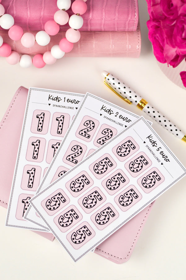 Kids 1,2 & 5 Euro Spaarchallenges Bundel (Roze)